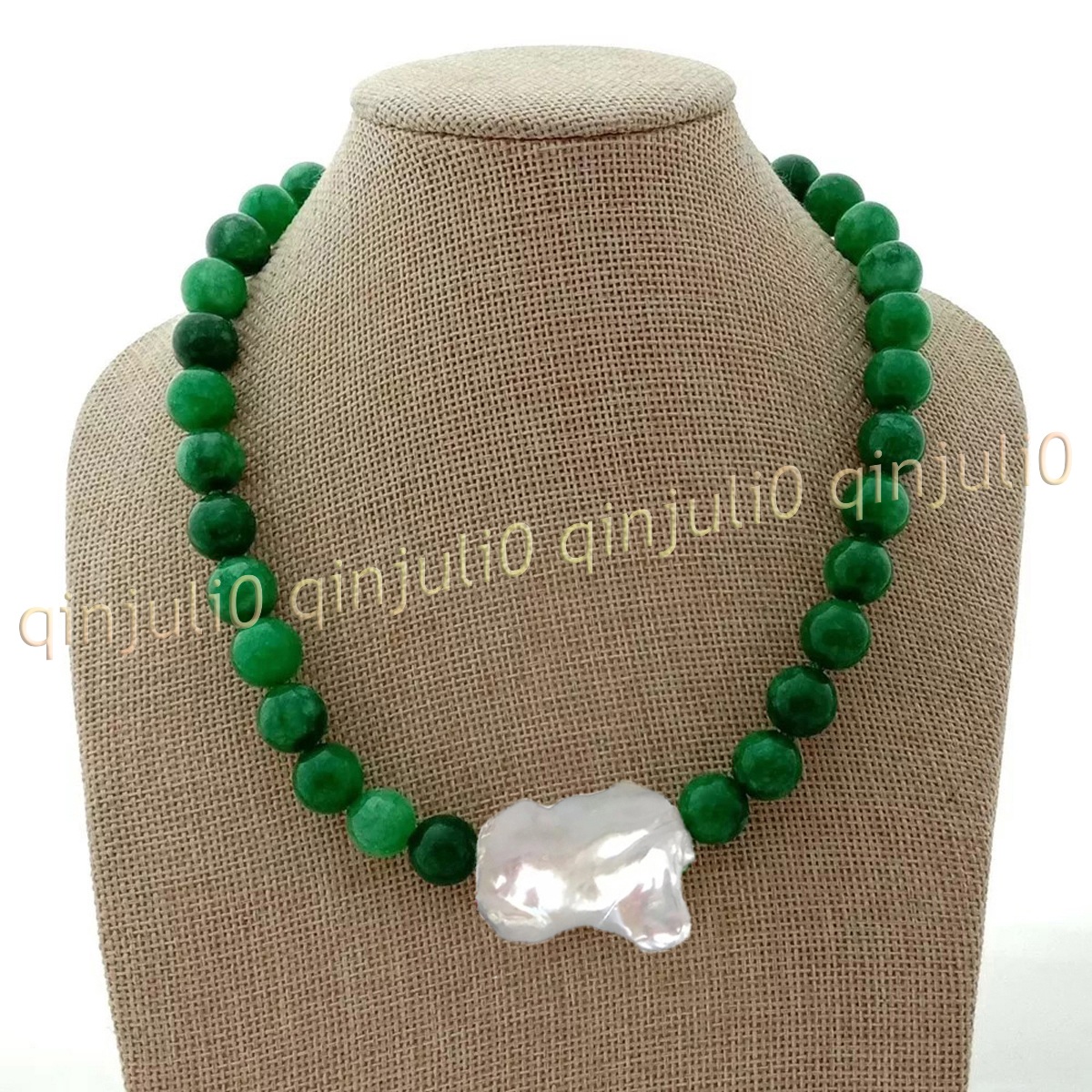 Natural Green Jade Jadeite Round Gems Beads White Keshi Baroque Pearl Necklace - Picture 7 of 10
