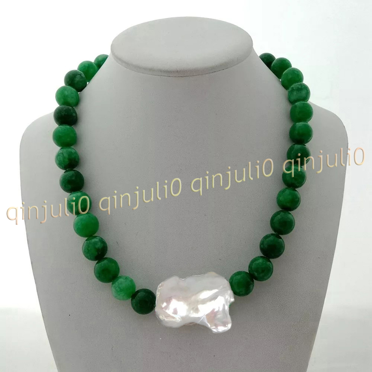 Natural Green Jade Jadeite Round Gems Beads White Keshi Baroque Pearl Necklace - Picture 8 of 10