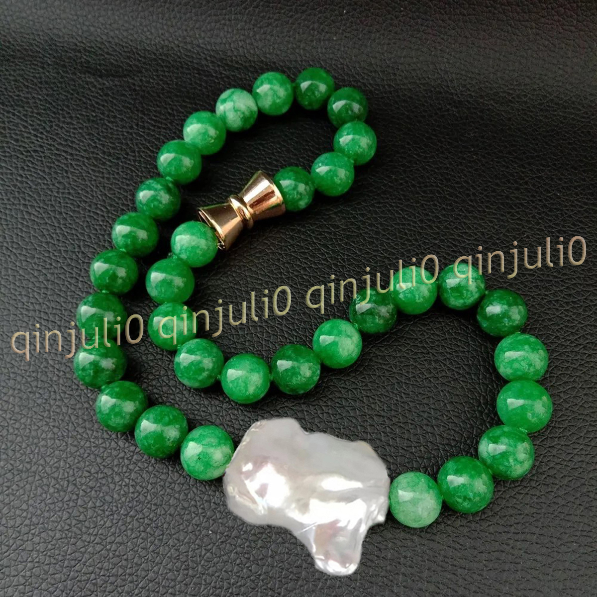 Natural Green Jade Jadeite Round Gems Beads White Keshi Baroque Pearl Necklace - Picture 10 of 10