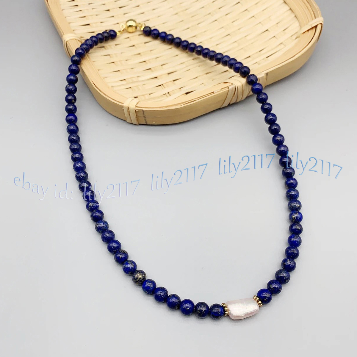 Collar de perlas barrocas blancas con cuentas redondas de piedras preciosas de lapislázuli natural 14-48"" - Imagen 7 de 9