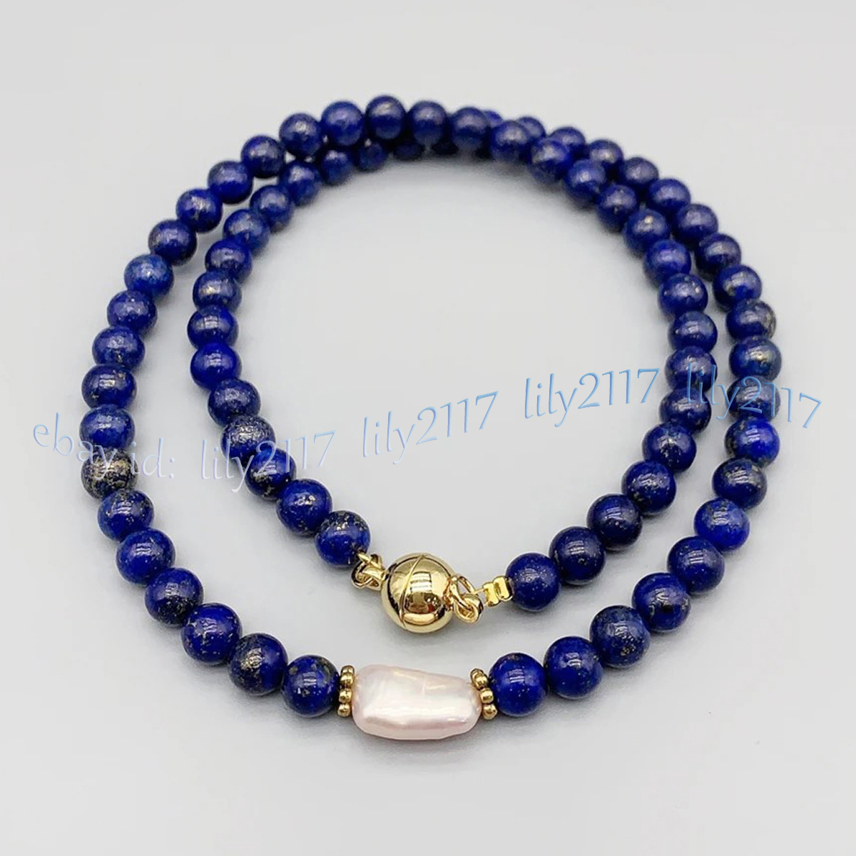 Collar de perlas barrocas blancas con cuentas redondas de piedras preciosas de lapislázuli natural 14-48"" - Imagen 8 de 9