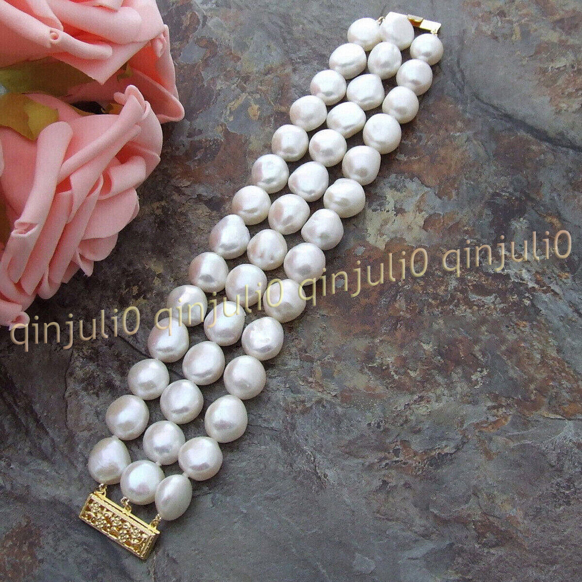 3 Rows Natural Akoya Feashwater White Baroque Pearl Bangle Bracelet 8'' 7-14mm - Picture 7 of 13