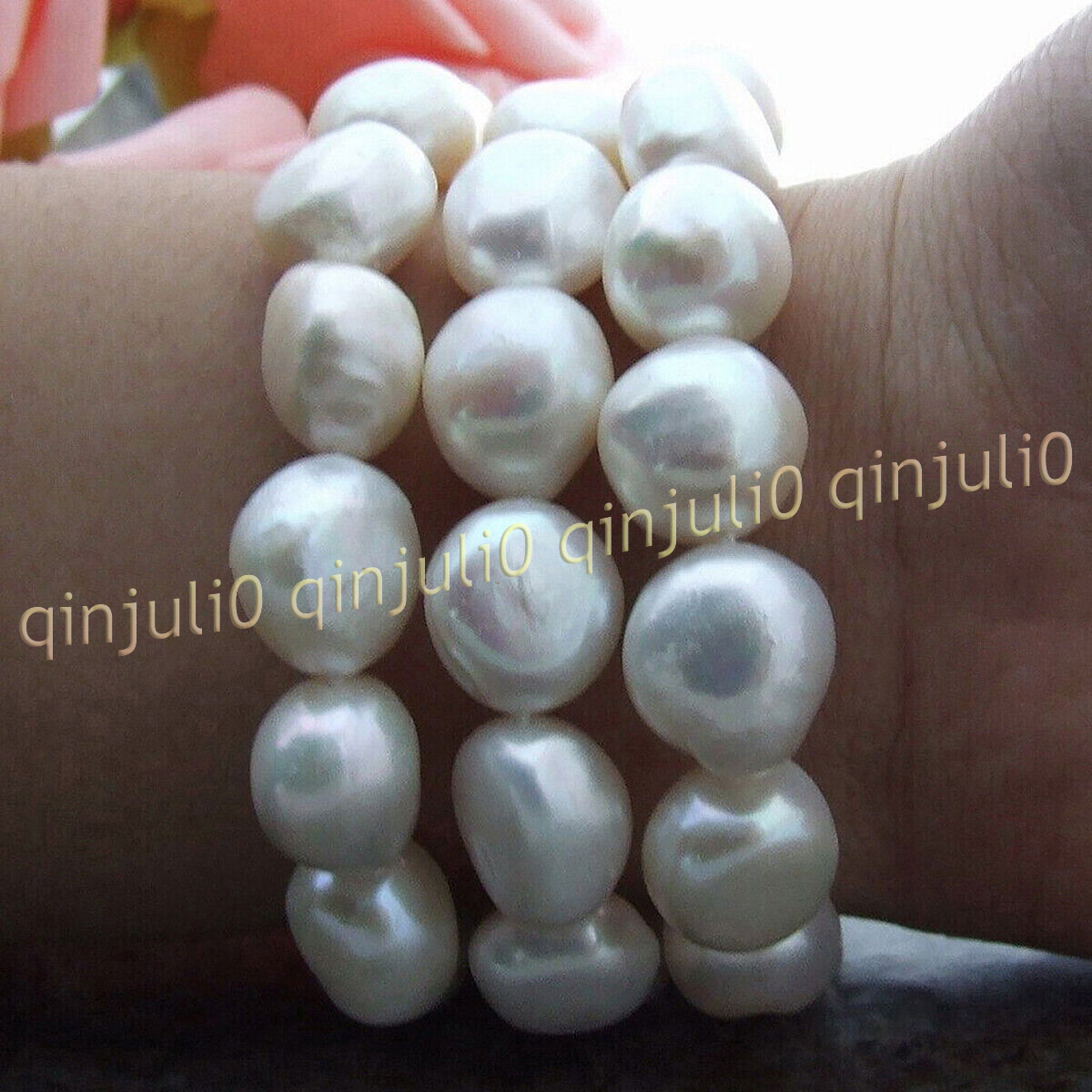 3 Rows Natural Akoya Feashwater White Baroque Pearl Bangle Bracelet 8'' 7-14mm - Picture 12 of 13