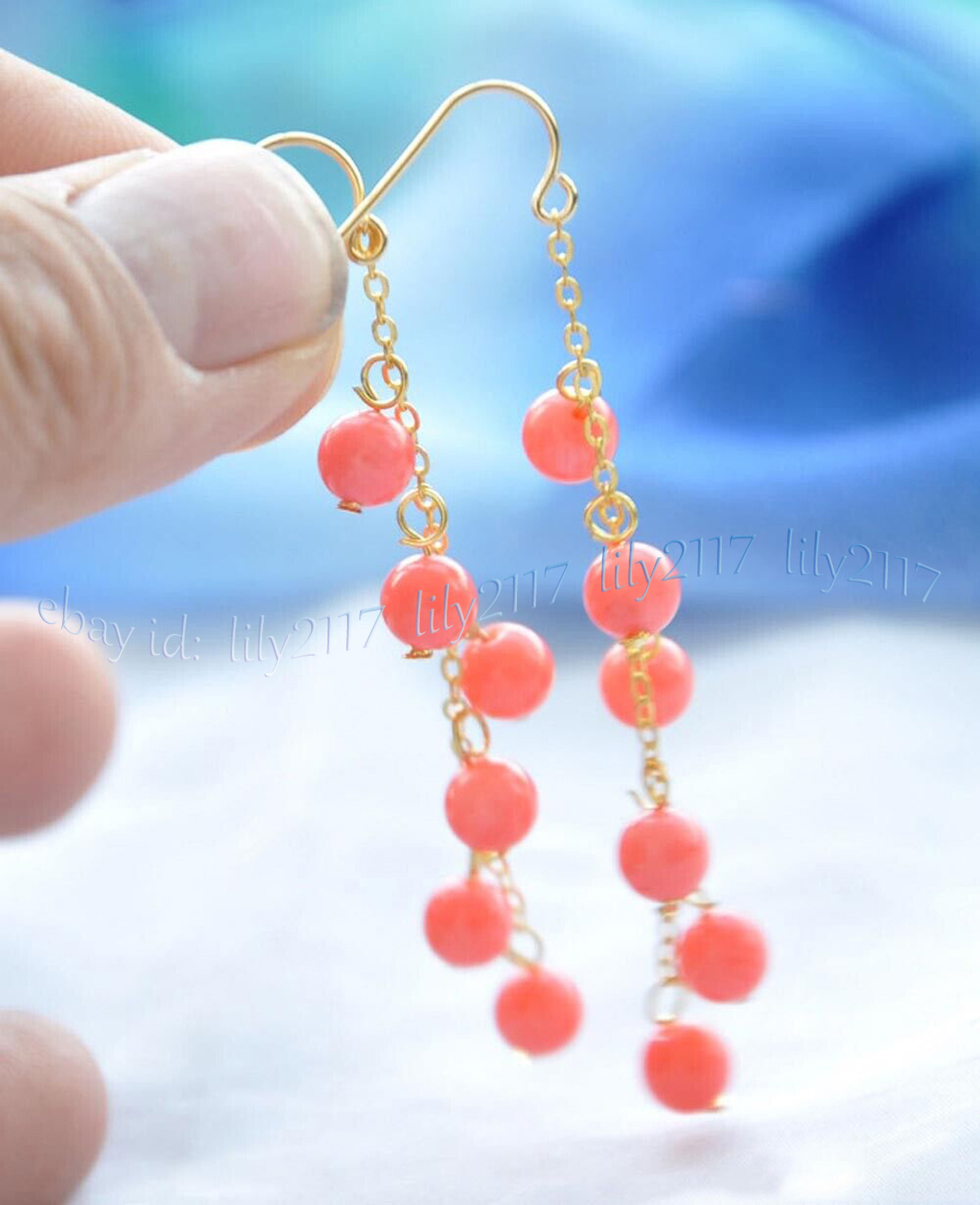 Natural Pink Coral Round Gemstone Beads Dangle Gold Hook Earrings 4/6/8/10mm - Picture 9 of 10