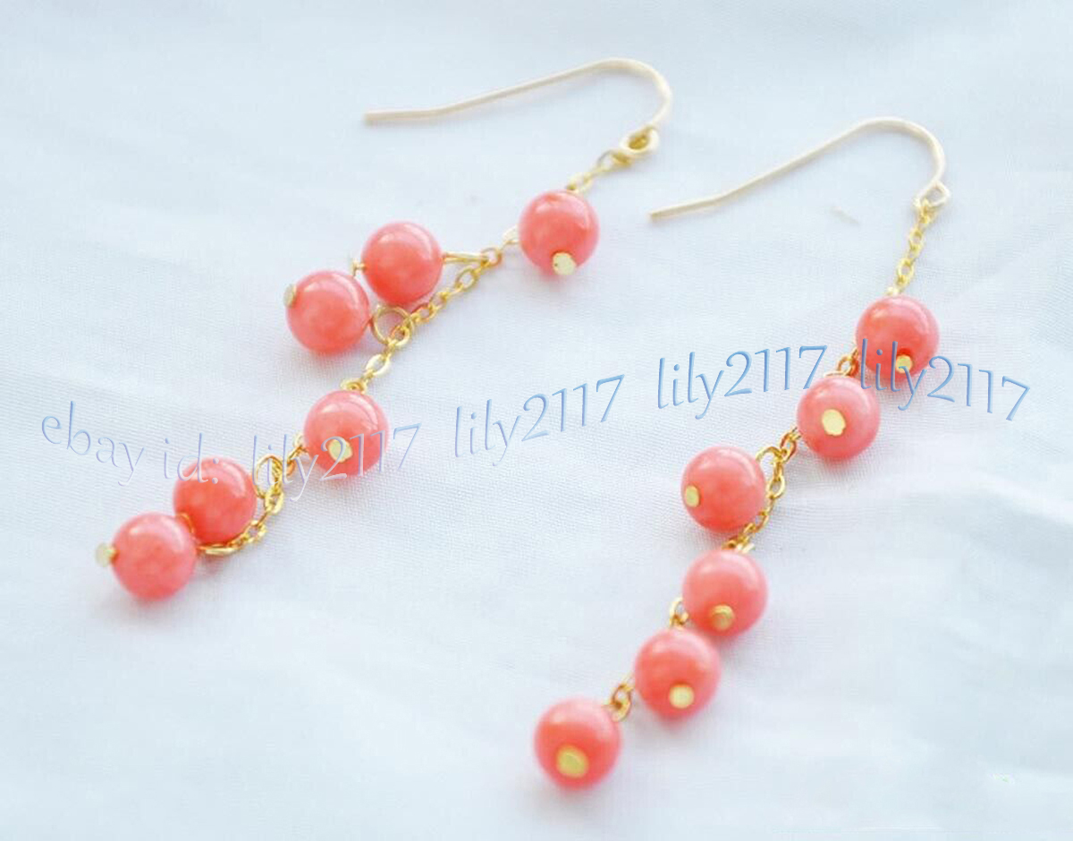 Natural Pink Coral Round Gemstone Beads Dangle Gold Hook Earrings 4/6/8/10mm - Picture 10 of 10