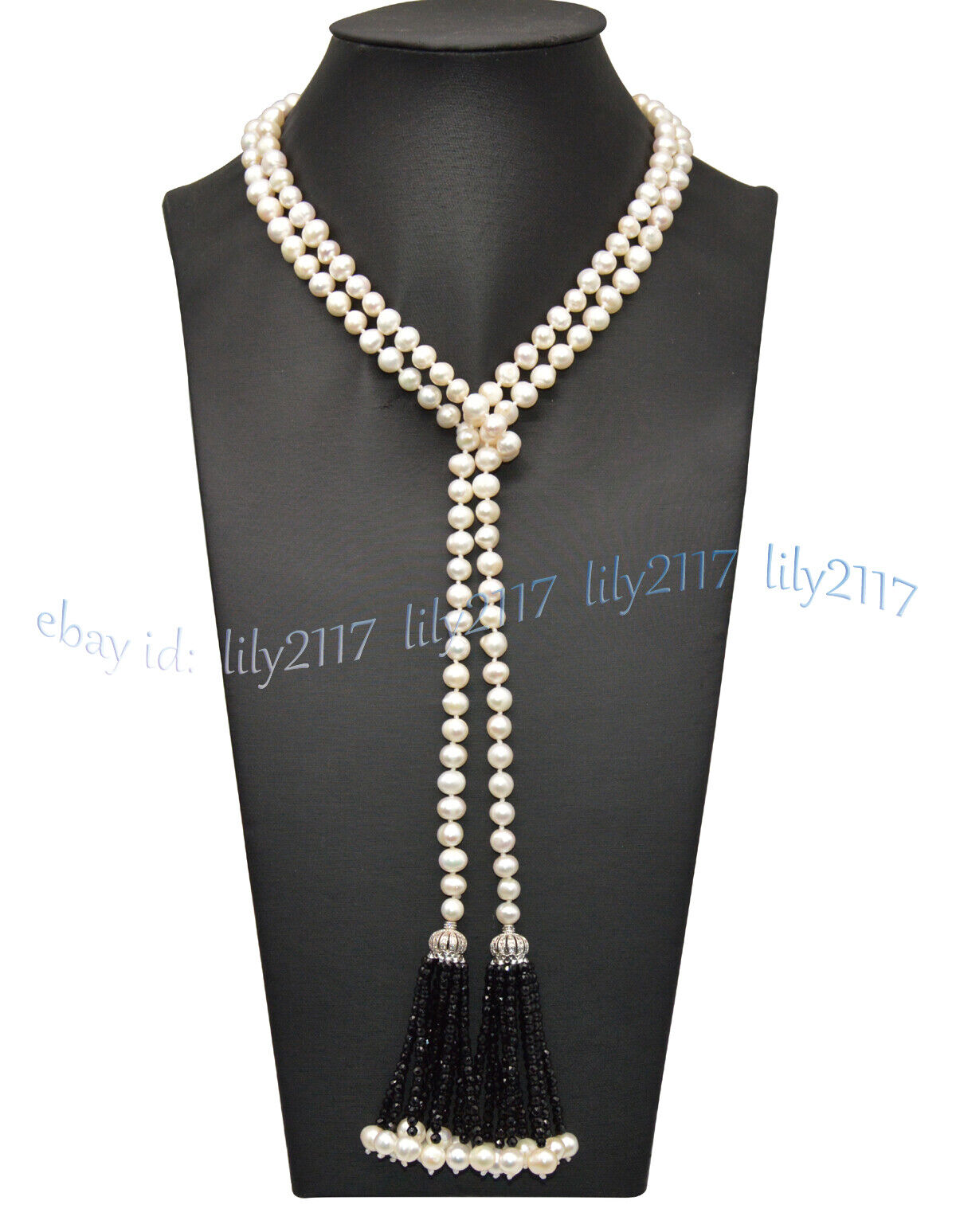 7-8mm Natural White Freshwater Pearl Black Spinel Tassel Pendant Scarf Necklace