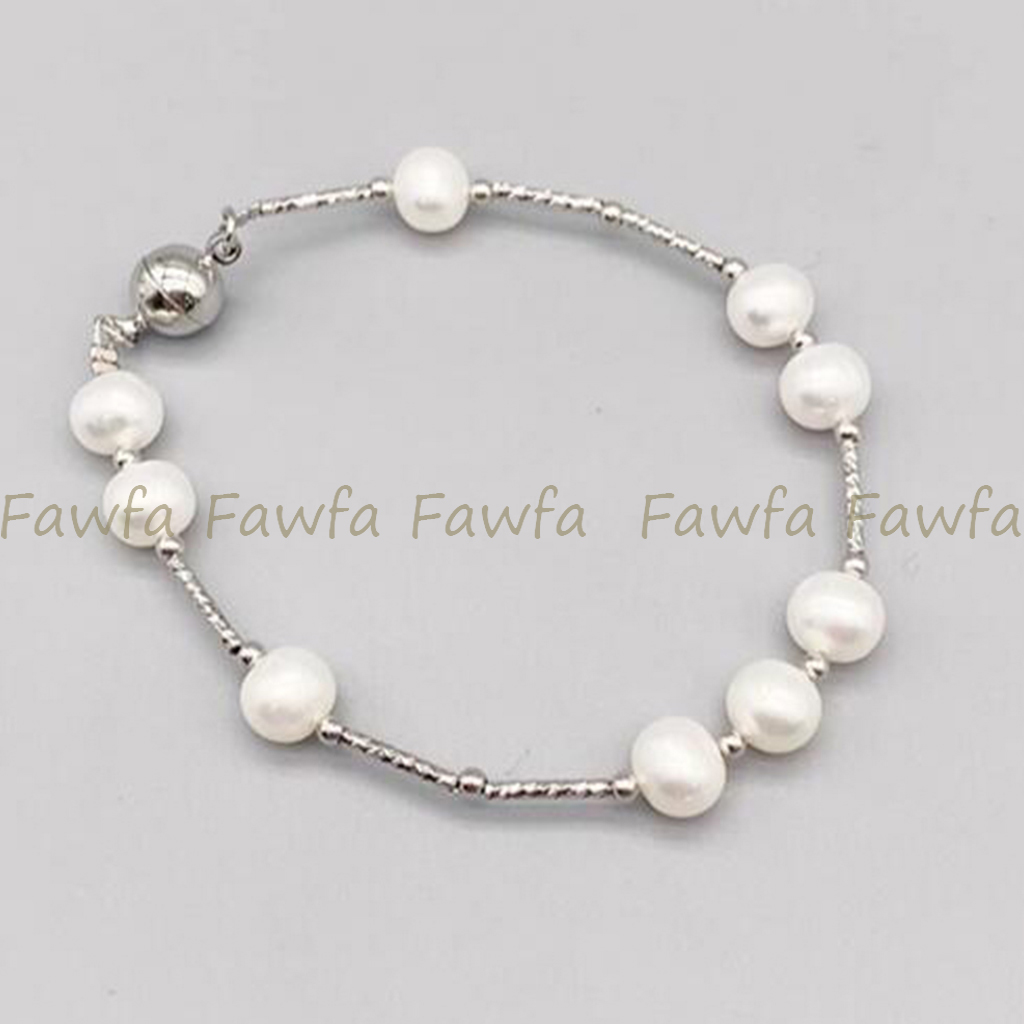 Genuine Natural 6-11mm White Freshwater Baroque Pearl Bangle Barcelet 7.5-8 in