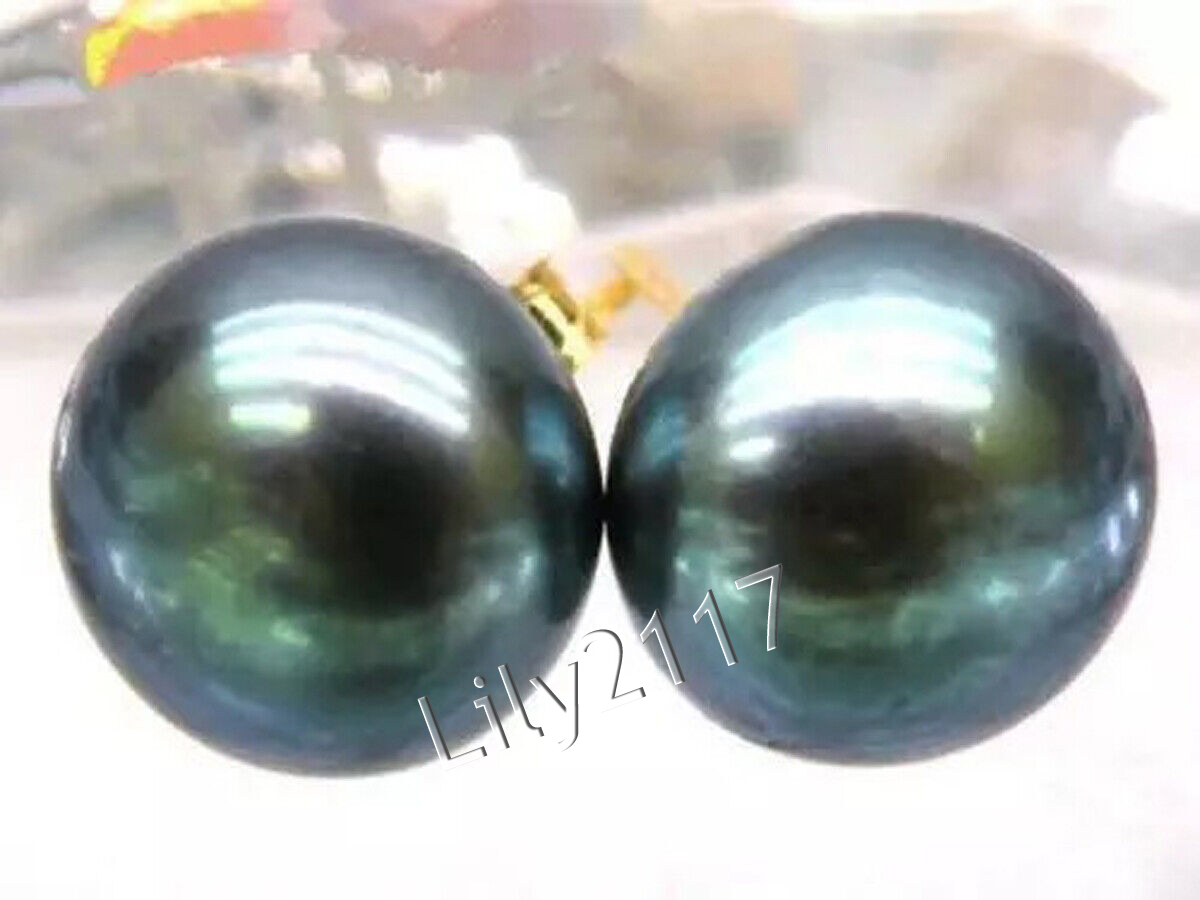 Real Natural Tahitian Black Green Pearl Stud Earrings 5-14mm 14K Yellow Gold - Picture 12 of 15