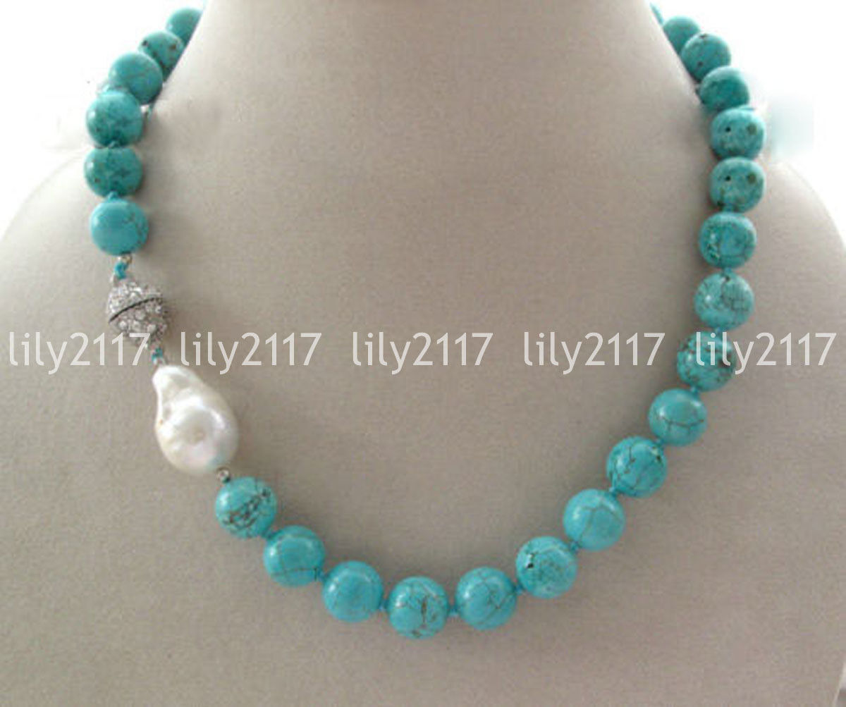 Natural Turquoise Round Gemstone Beads White Baroque Keshi Pearl Necklace 6-12mm