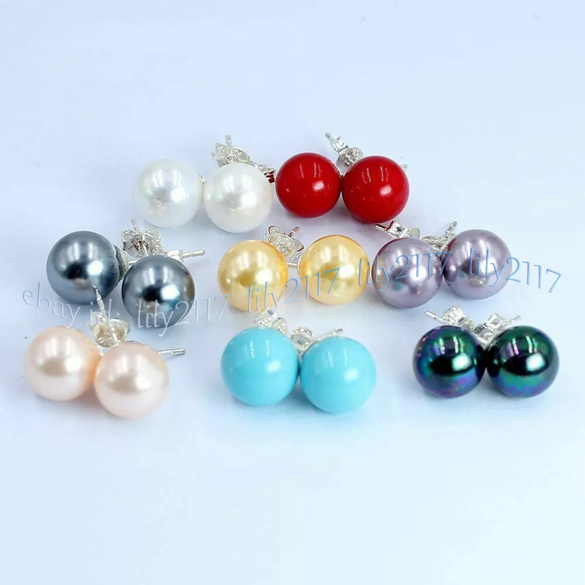 8 Pairs 8/10/12/14mm Round Multicolor South Sea Shell Pearl Silver Stud Earrings - Picture 7 of 8