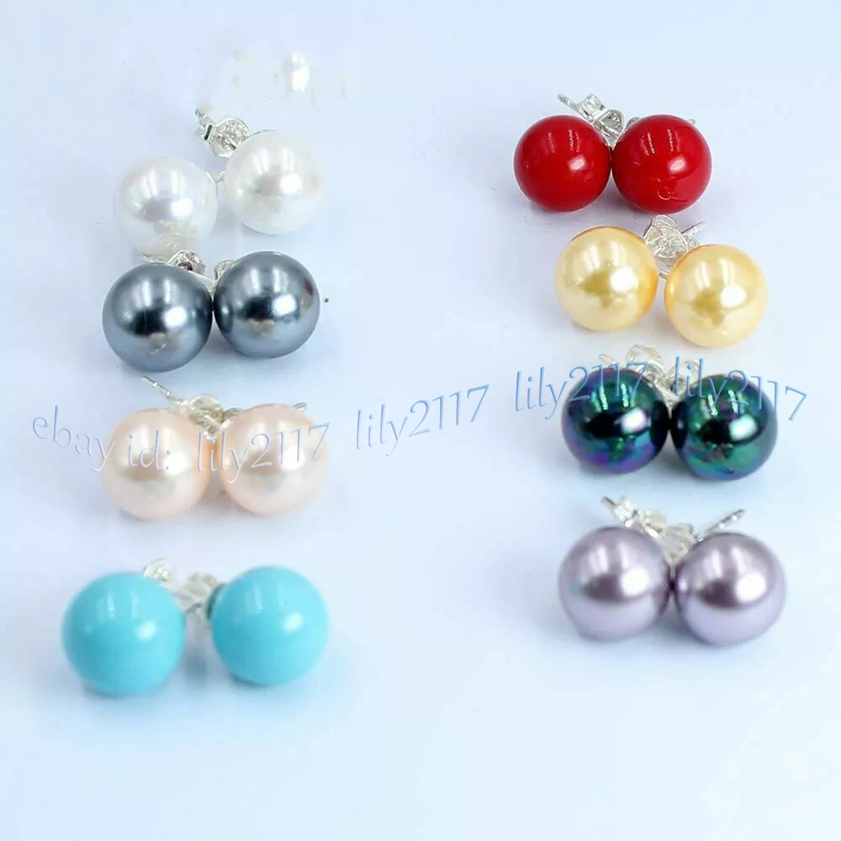 8 Pairs 8/10/12/14mm Round Multicolor South Sea Shell Pearl Silver Stud Earrings - Picture 8 of 8