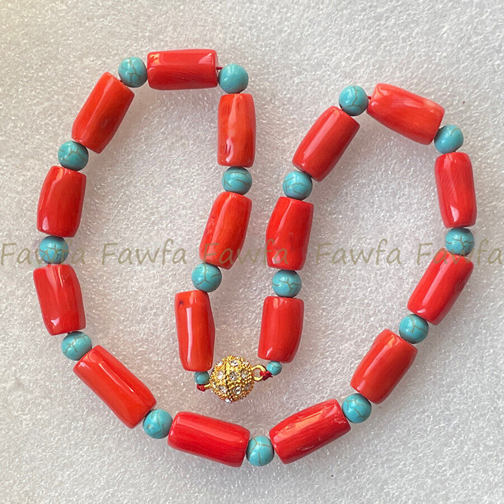 Natural 15-18mm Orange Red Cylinder Coral Blue Turquoise Gems Necklace 14-36 in