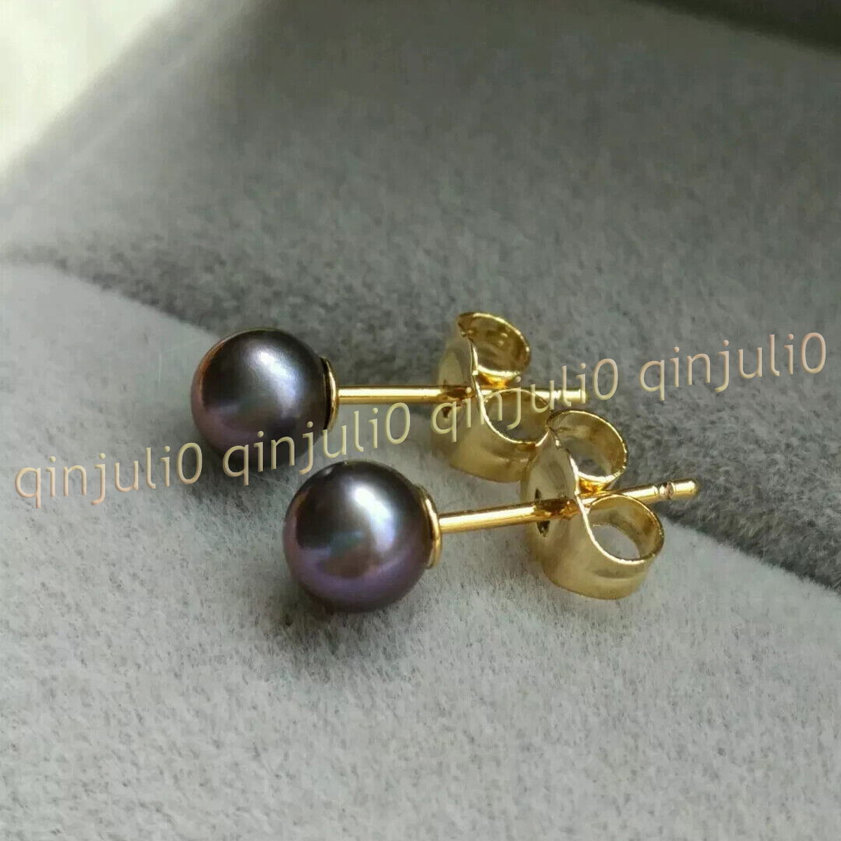 Perfect Genuine Natural Round Black South Sea Pearl Stud Earring 14K Yellow Gold - Picture 6 of 11