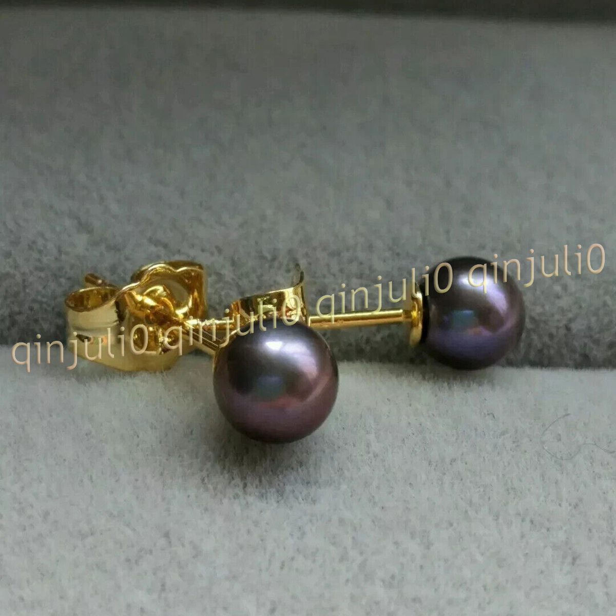 Perfect Genuine Natural Round Black South Sea Pearl Stud Earring 14K Yellow Gold - Picture 7 of 11