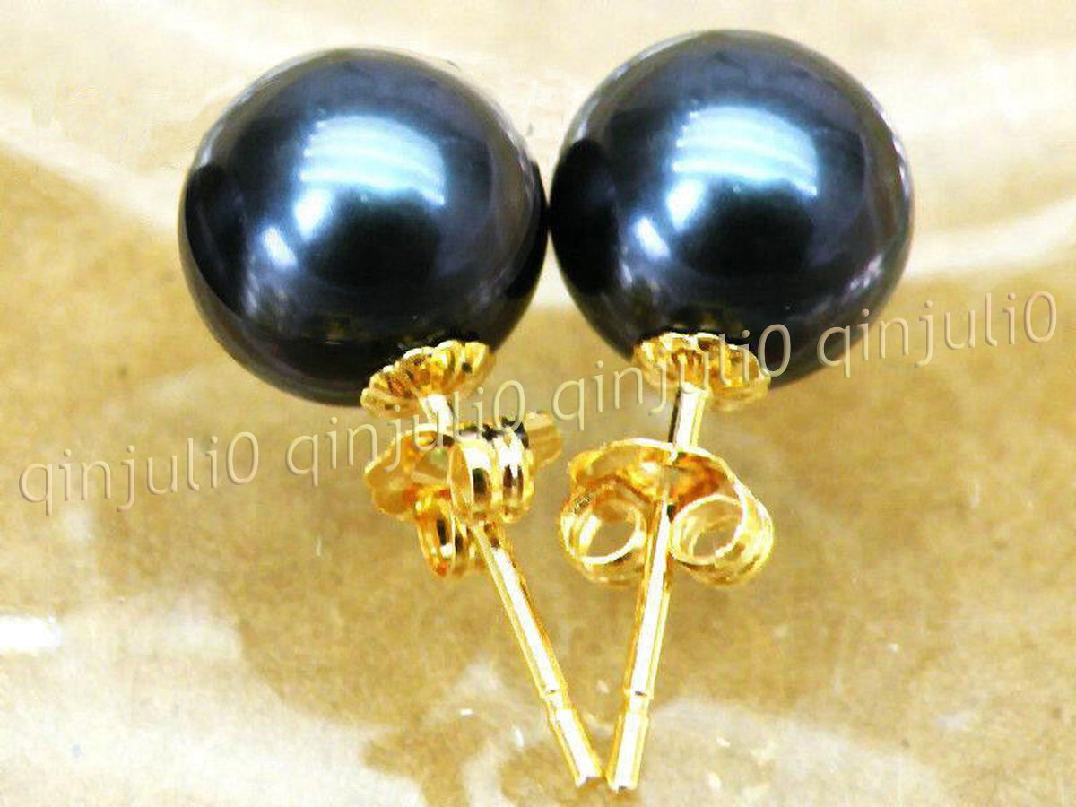 Perfect Genuine Natural Round Black South Sea Pearl Stud Earring 14K Yellow Gold - Picture 8 of 11