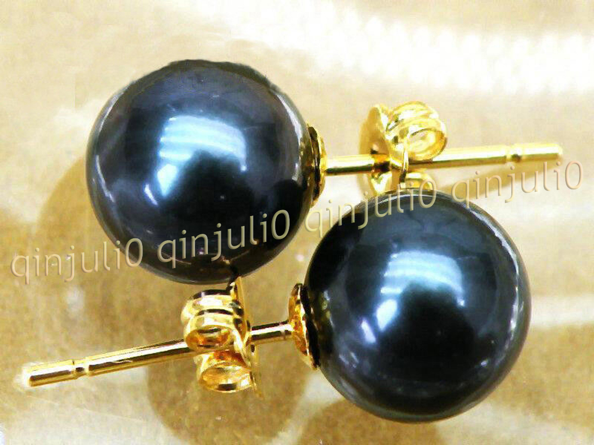 Perfect Genuine Natural Round Black South Sea Pearl Stud Earring 14K Yellow Gold - Picture 9 of 11