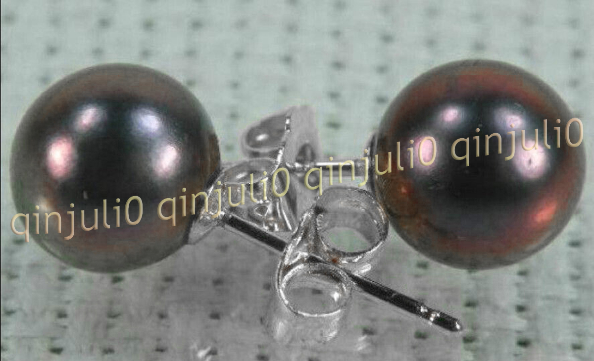 Perfect Genuine Natural Round Black South Sea Pearl Stud Earring 14K White Gold