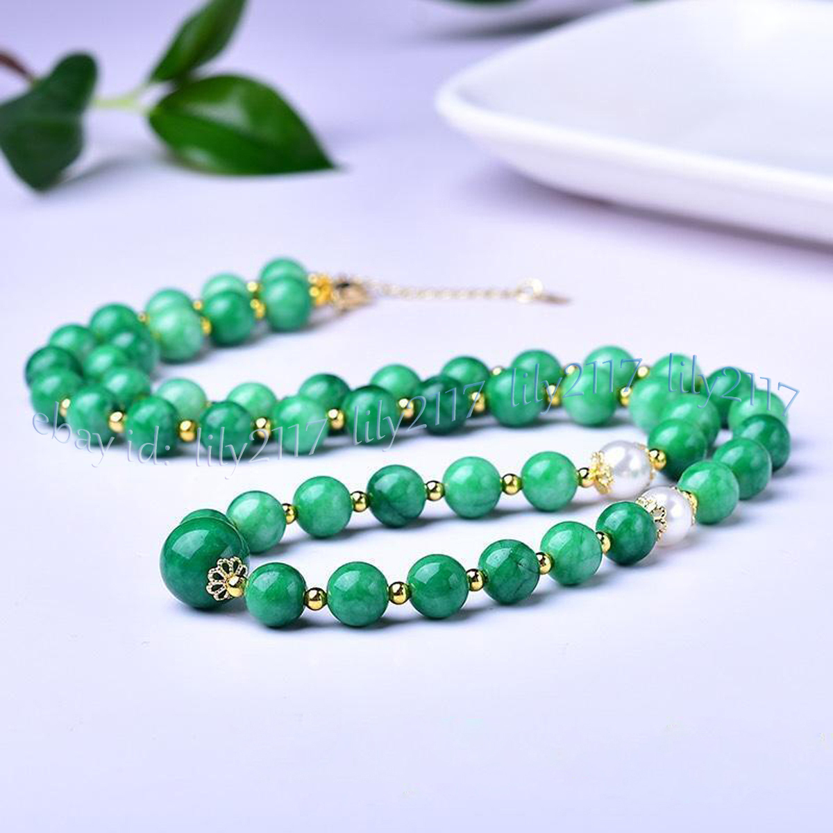 Natural Green Jadeite Jade Round Gemstone Beads Shell Pearl Necklace 14-48inches