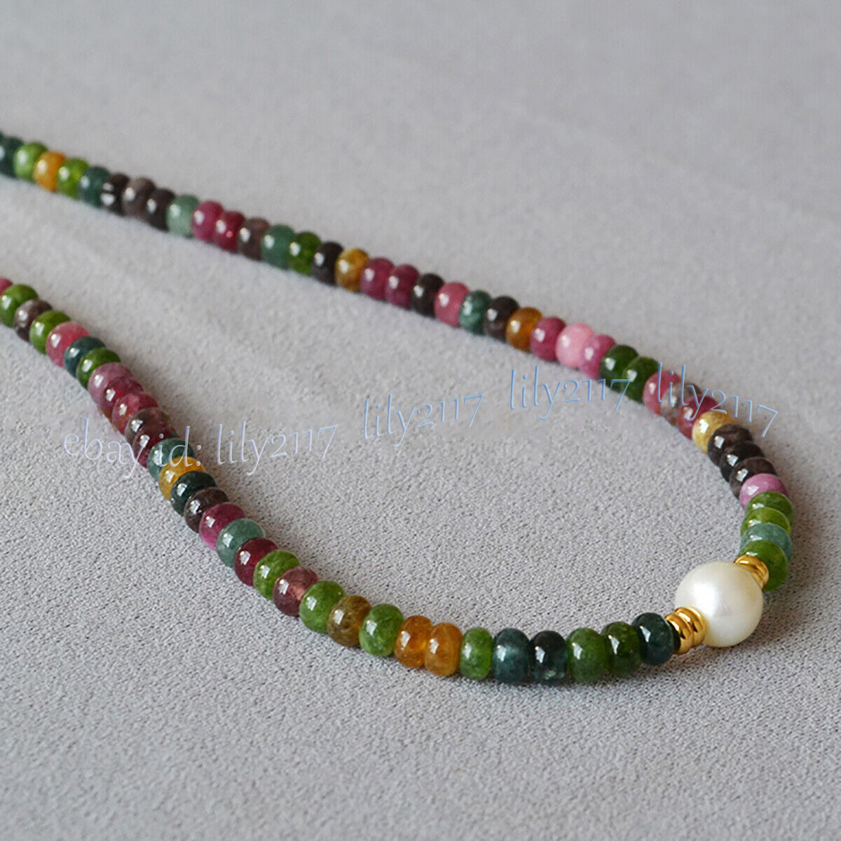 Collar de perlas blancas con cuentas de piedras preciosas rondelle de turmalina colorida natural 14-48"" - Imagen 7 de 8
