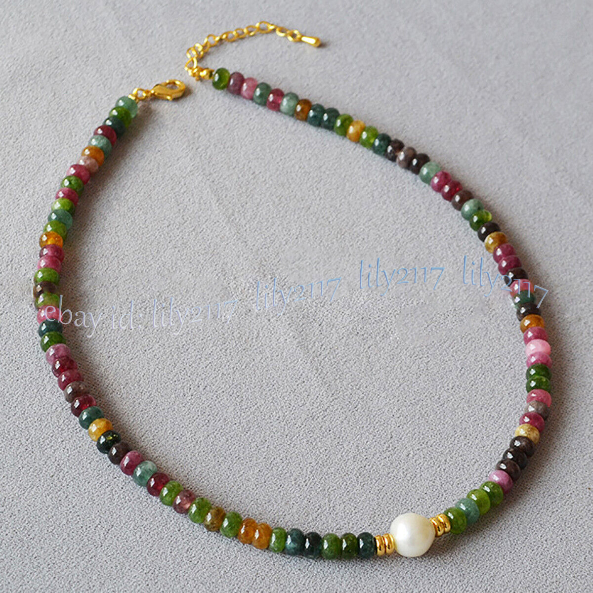 Collar de perlas blancas con cuentas de piedras preciosas rondelle de turmalina colorida natural 14-48"" - Imagen 8 de 8