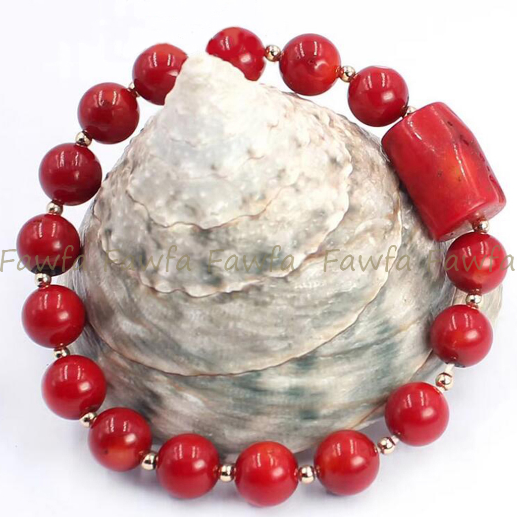 Natural Red Orange Coral Round Irregular Barrel Gems Beads Elastic Bracelet 7.5" - Picture 7 of 10