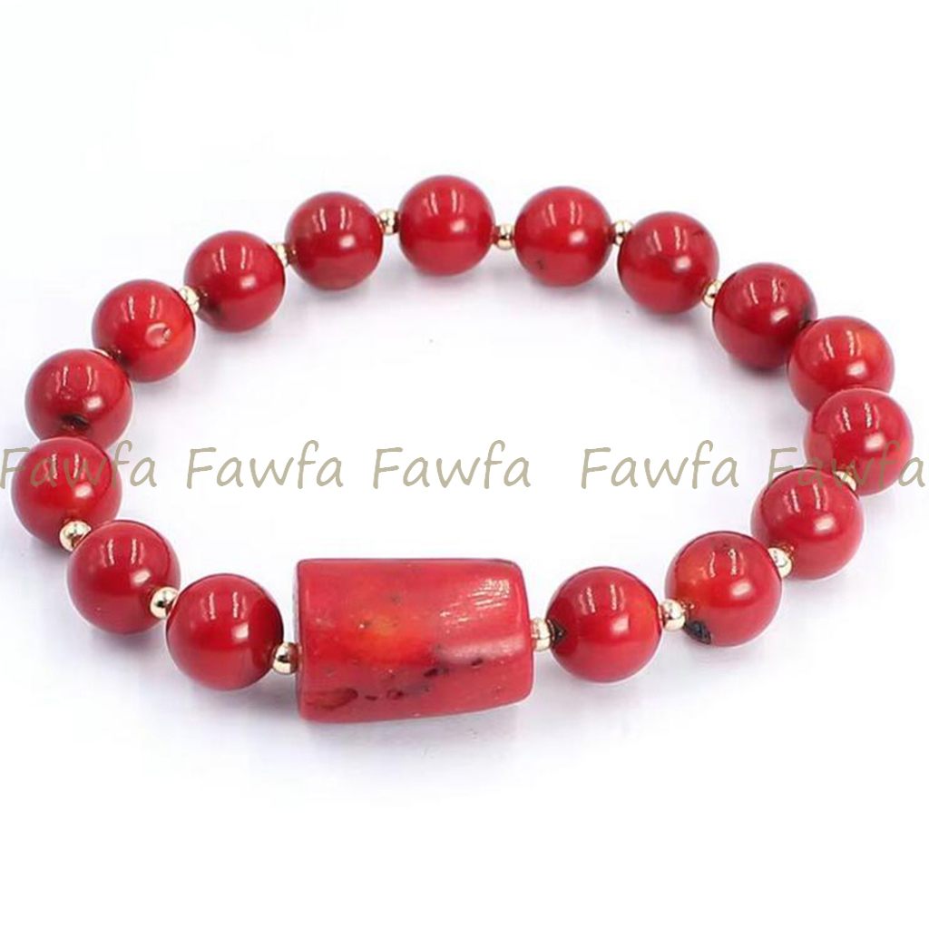 Natural Red Orange Coral Round Irregular Barrel Gems Beads Elastic Bracelet 7.5" - Picture 8 of 10