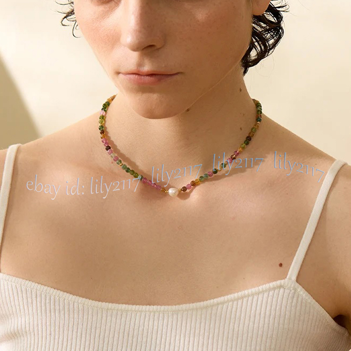4mm Natural Multicolor Tourmaline Round Gemstone Beads White Pearl Necklaces