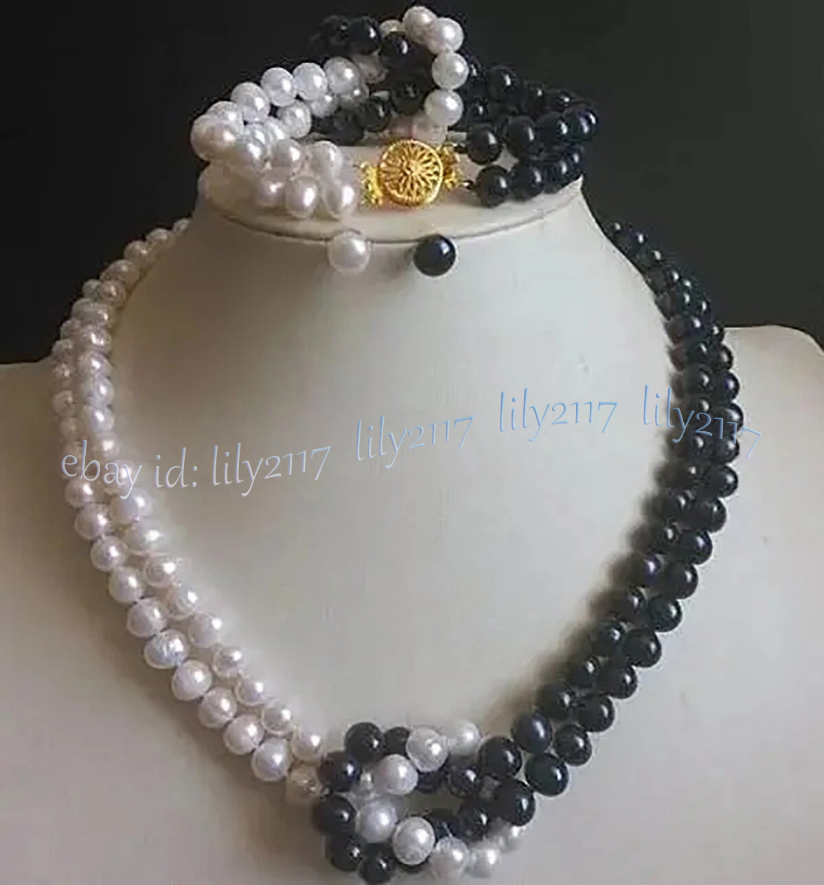 2 Rows Real Natural White Black Freshwater Pearl Necklace Bracelet Earrings Set - Picture 7 of 10