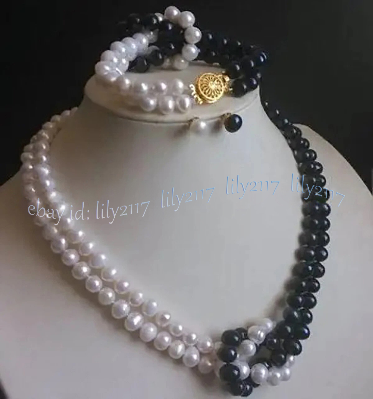 2 Rows Real Natural White Black Freshwater Pearl Necklace Bracelet Earrings Set - Picture 10 of 10