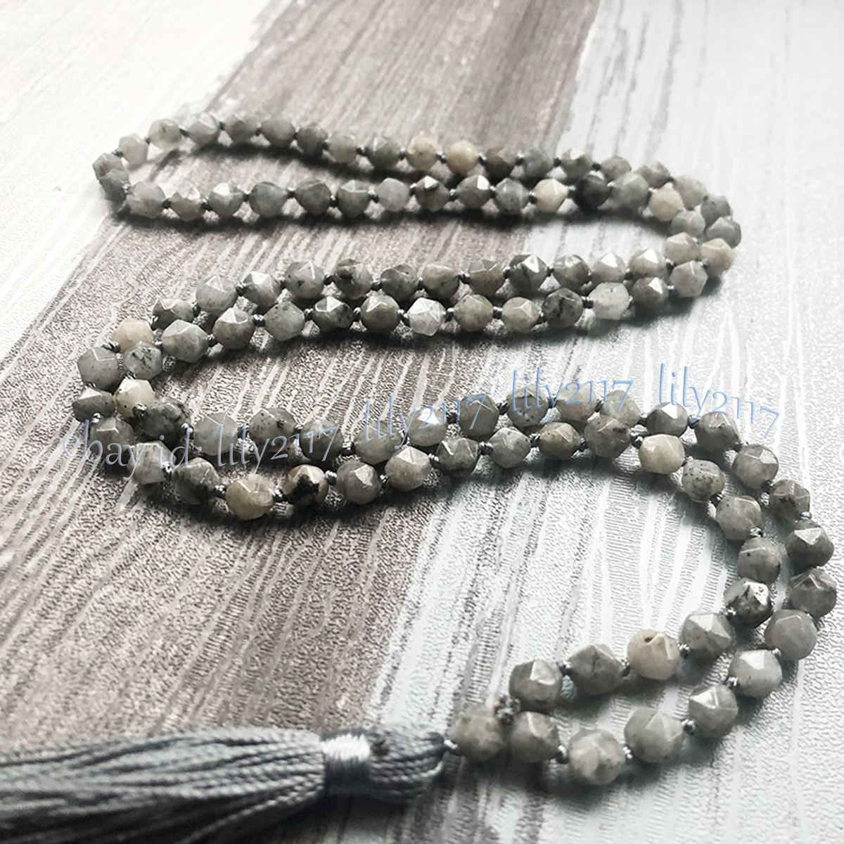 Collar Labradorita Polígonos Corte Diamante 108 Cuentas de Oración Tíbet Budista Mala - Imagen 7 de 8