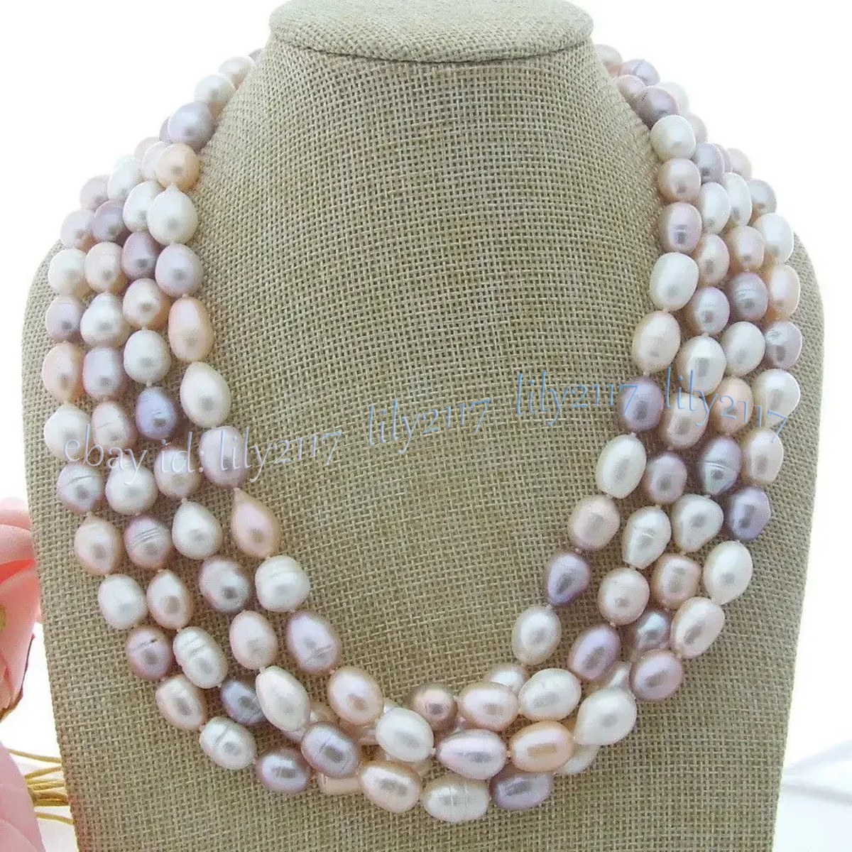 Collar de perlas de arroz barroco de agua dulce púrpura blanco rosa natural de 4 filas 18 pulgadas - Imagen 7 de 8