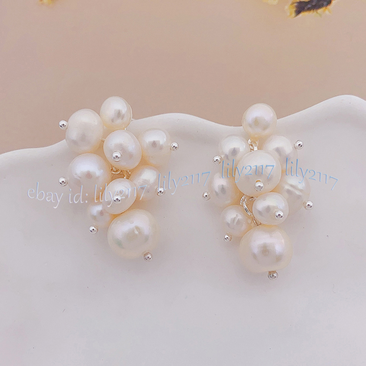Genuine Natural White Freshwater Baroque Pearl Grape Cluster Dangle Stud Earring - Picture 8 of 14