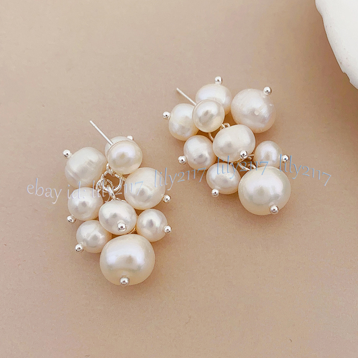 Genuine Natural White Freshwater Baroque Pearl Grape Cluster Dangle Stud Earring - Picture 10 of 14