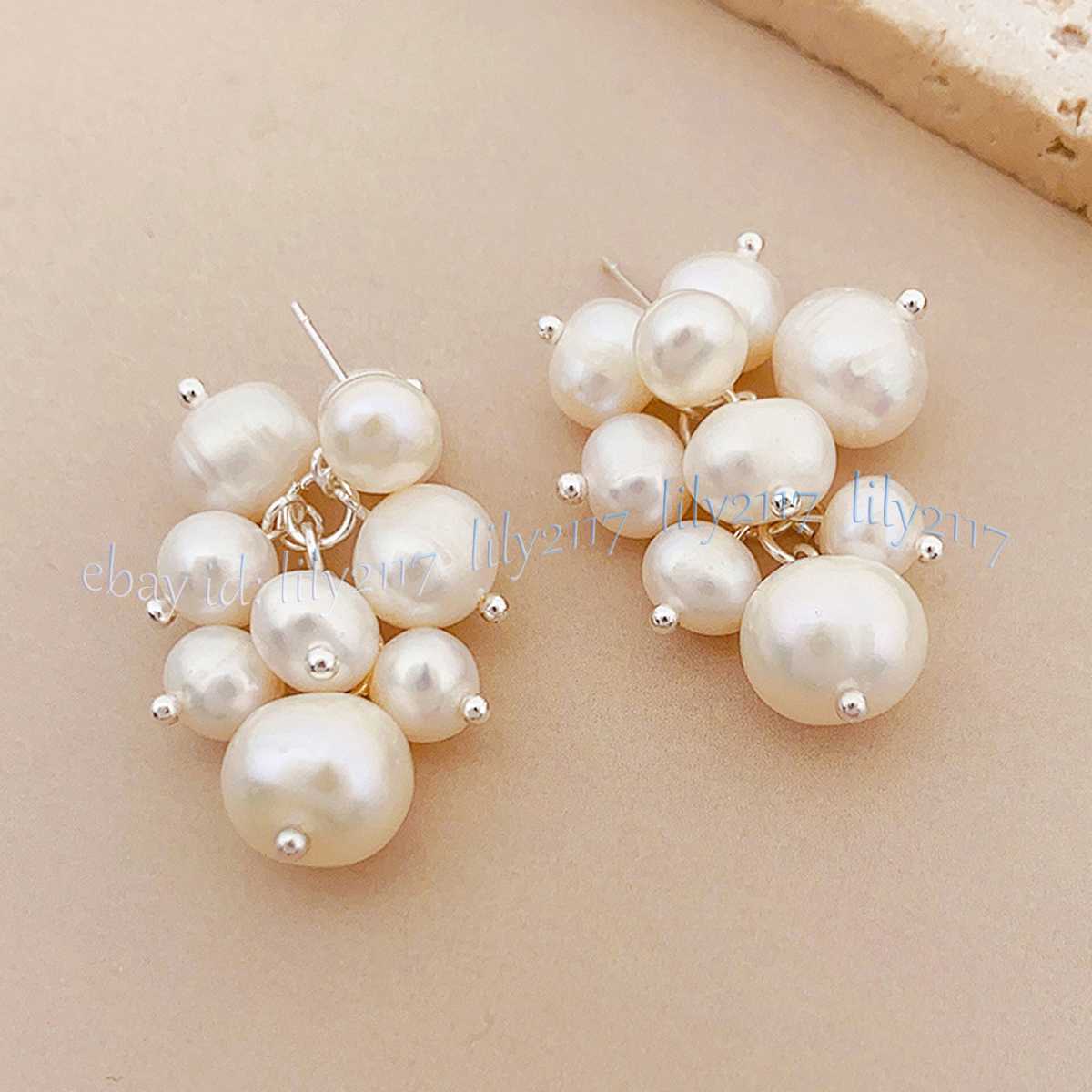 Genuine Natural White Freshwater Baroque Pearl Grape Cluster Dangle Stud Earring - Picture 9 of 14