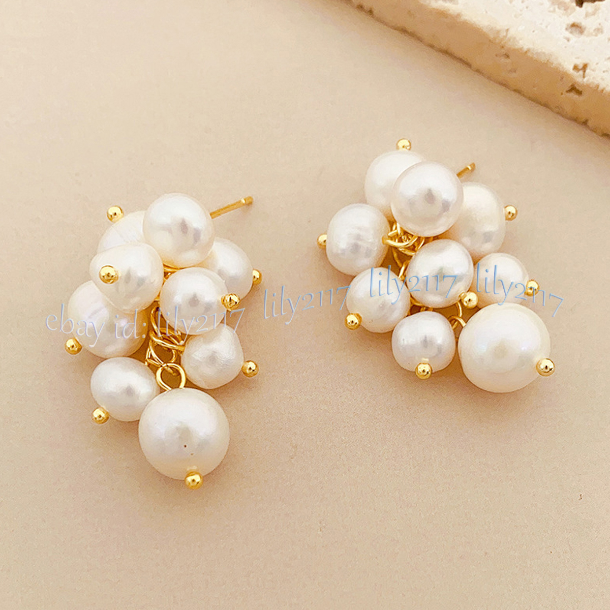 Genuine Natural White Freshwater Baroque Pearl Grape Cluster Dangle Stud Earring - Picture 13 of 14