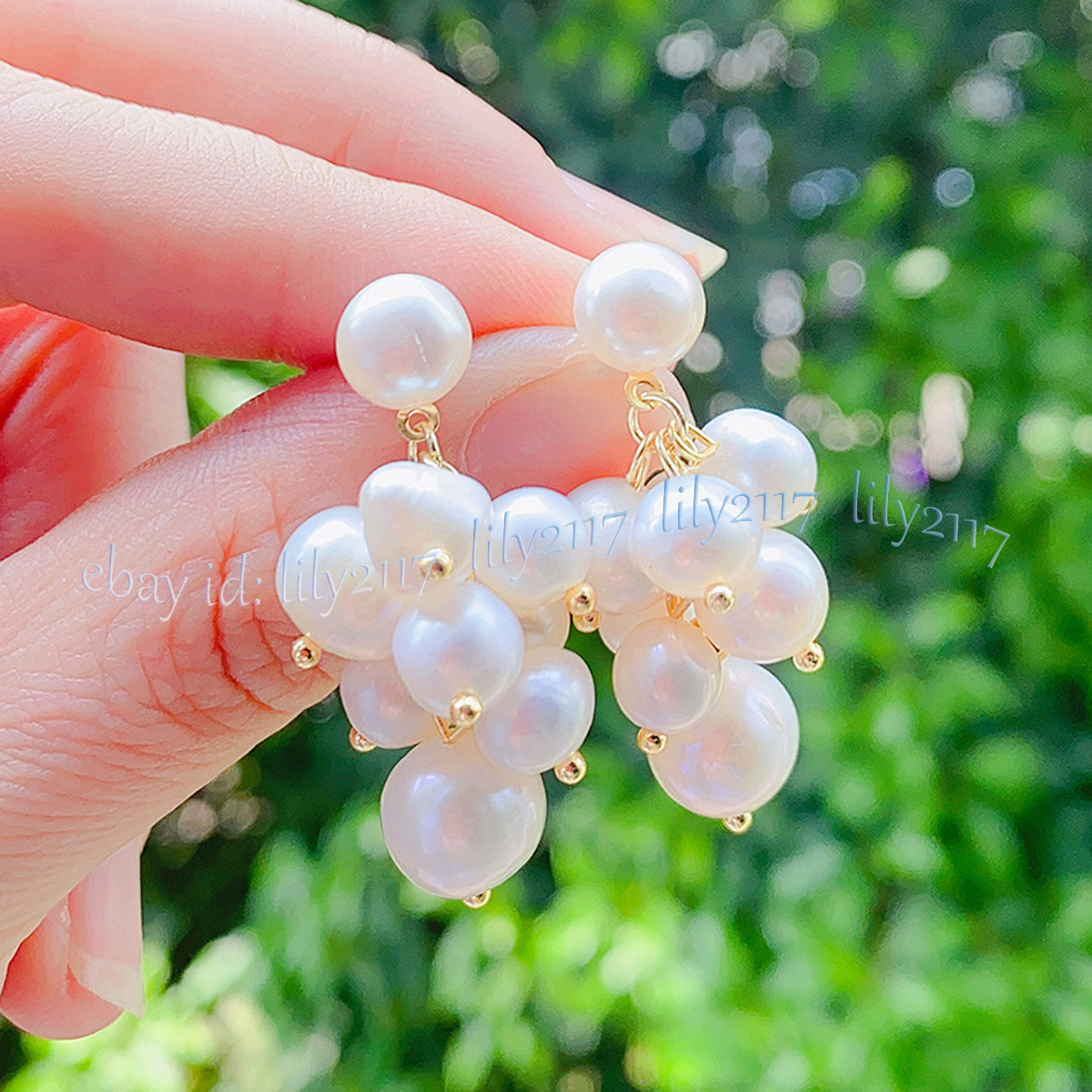 Genuine Natural White Freshwater Baroque Pearl Grape Cluster Dangle Stud Earring - Picture 11 of 14