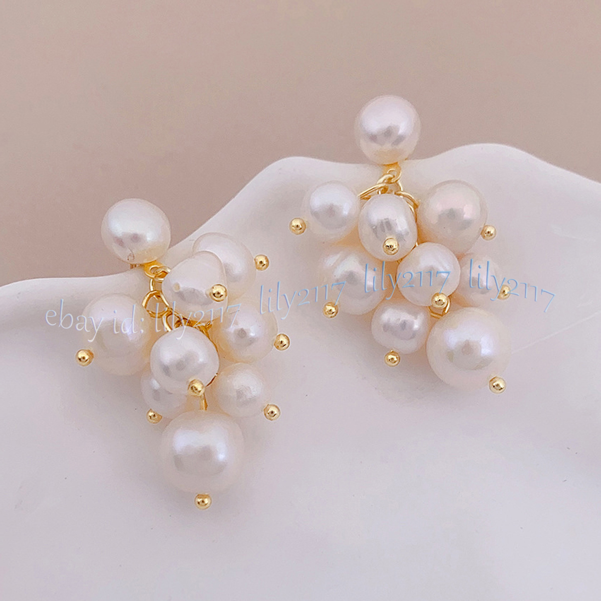 Genuine Natural White Freshwater Baroque Pearl Grape Cluster Dangle Stud Earring - Picture 12 of 14