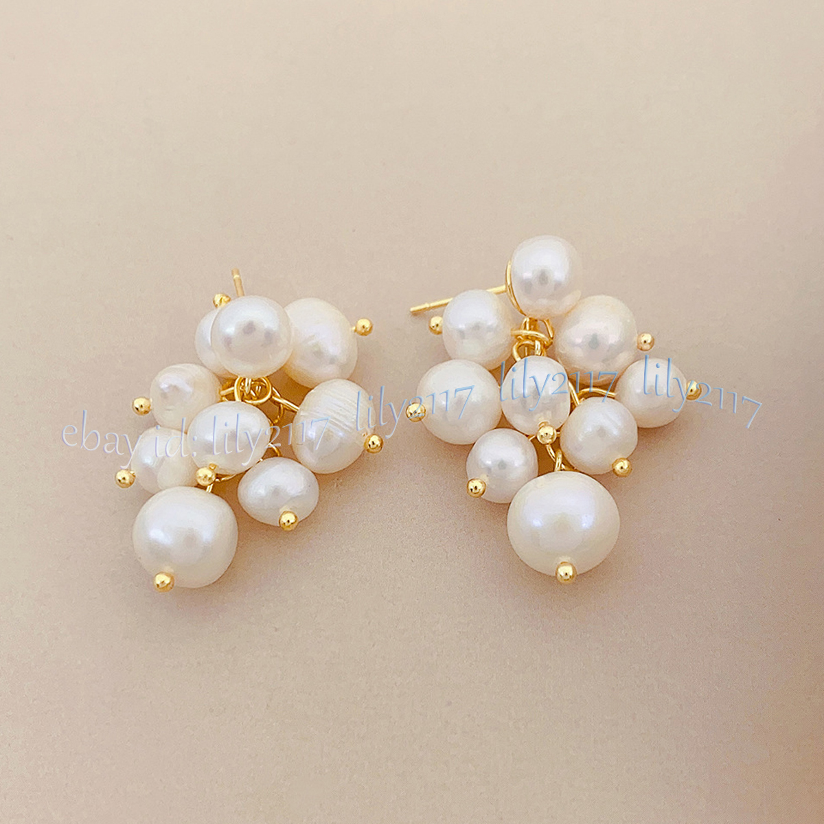 Genuine Natural White Freshwater Baroque Pearl Grape Cluster Dangle Stud Earring - Picture 14 of 14
