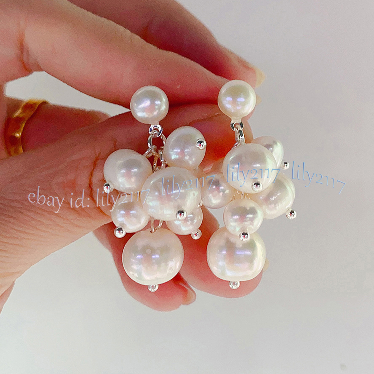Genuine Natural White Freshwater Baroque Pearl Grape Cluster Dangle Stud Earring - Picture 7 of 14