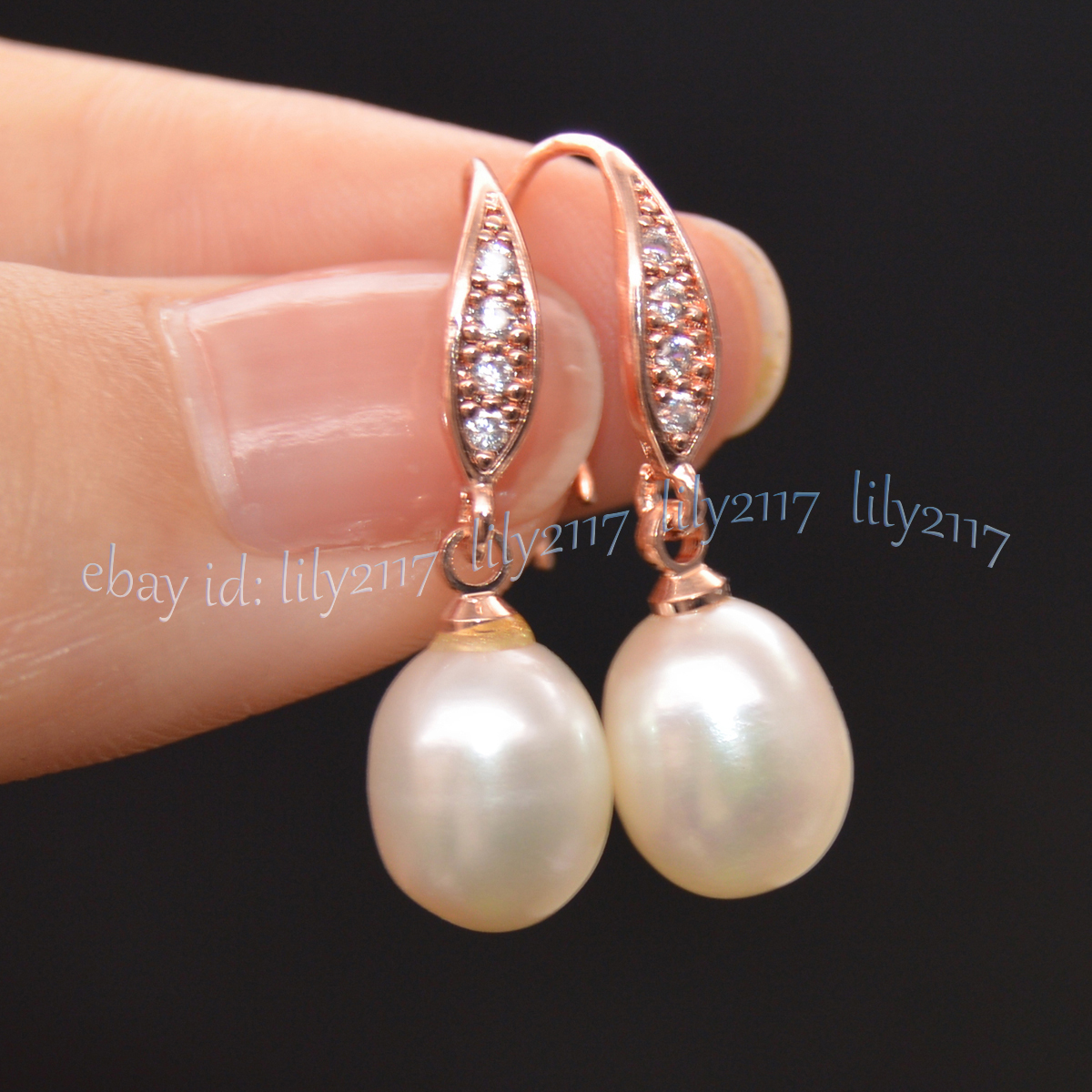 9-10mm Natural White Black Freshwater Drop Pearl Dangle Rose Gold Hook Earrings