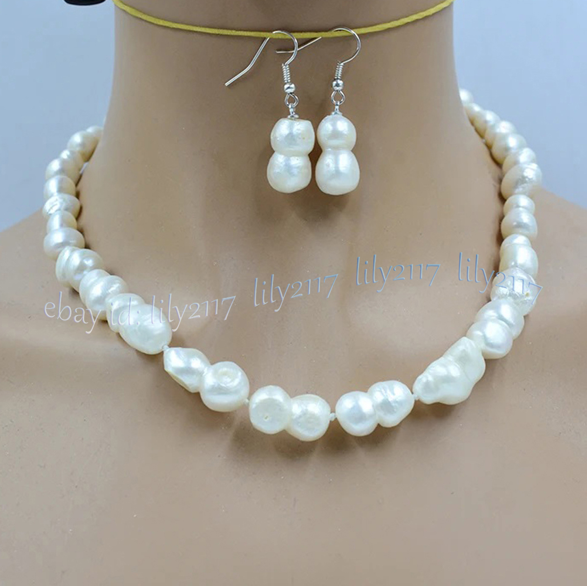 Rare Natural White Freshwater Baroque Double Pearl Necklace Earring Set 14-48 in