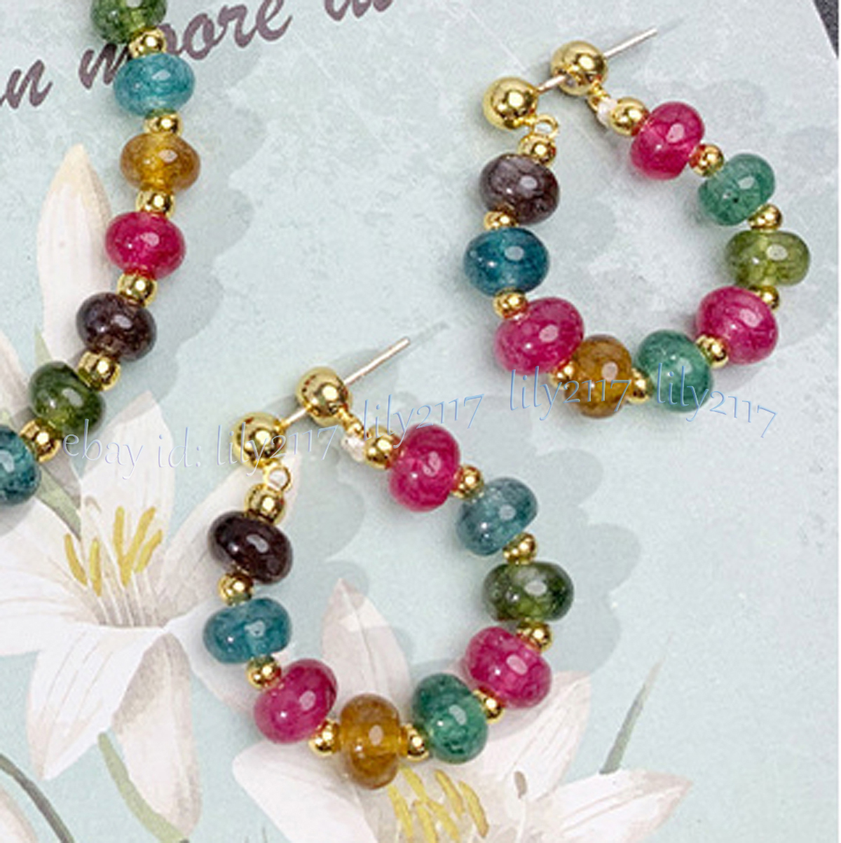 Natural Multicolor Tourmaline Rondelle Gemstone Beads Dangle Stud Hoop Earrings