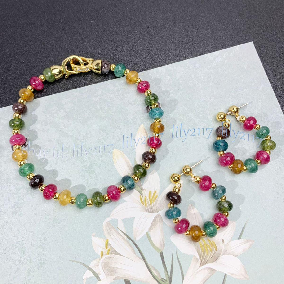 Natural Multicolor Tourmaline Gems Rondelle Beads Bracelet Earring Set 4×6/5x8mm