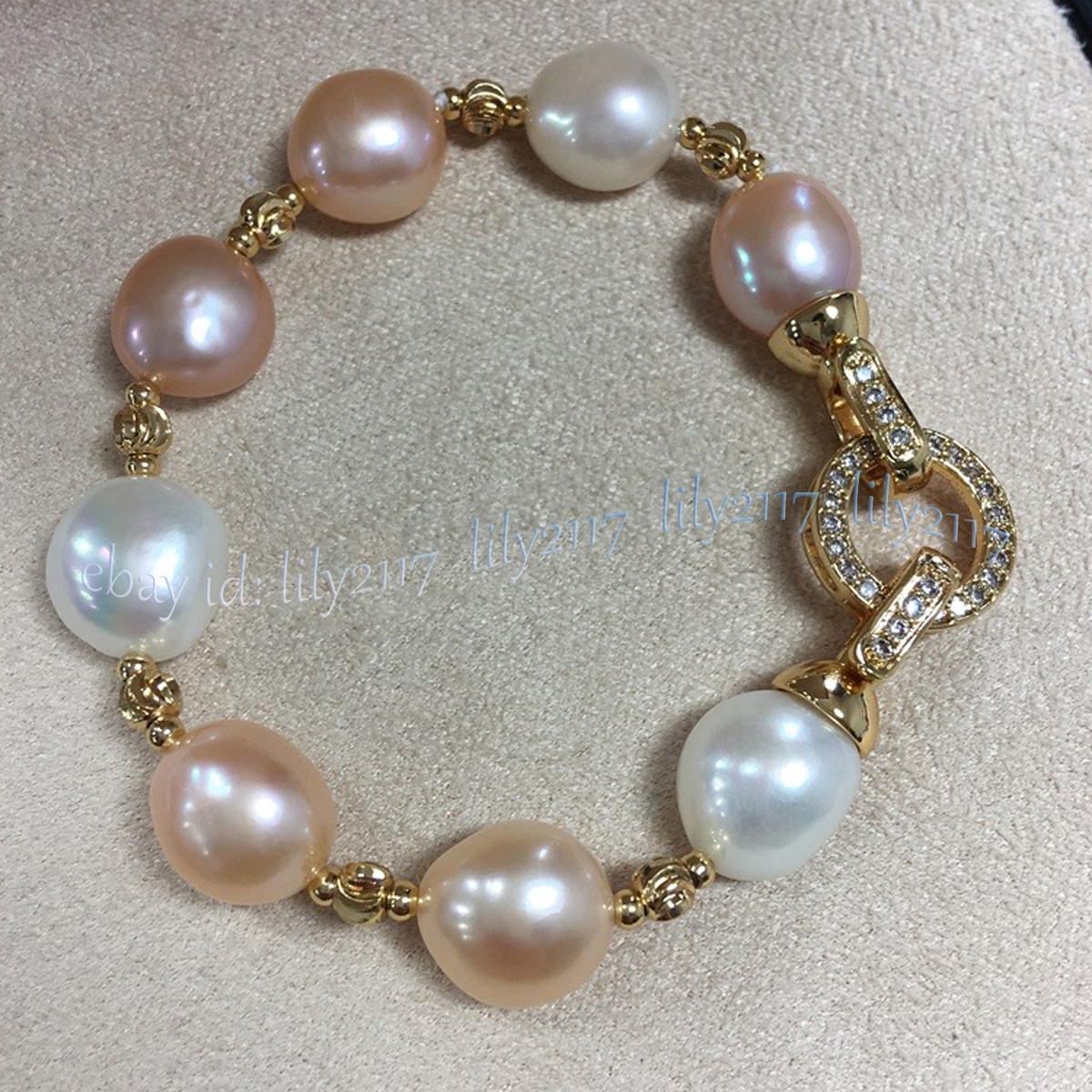 Elegant Natural White Pink Purple Baroque Freshwater Pearl Beads Bracelet 7.5 in