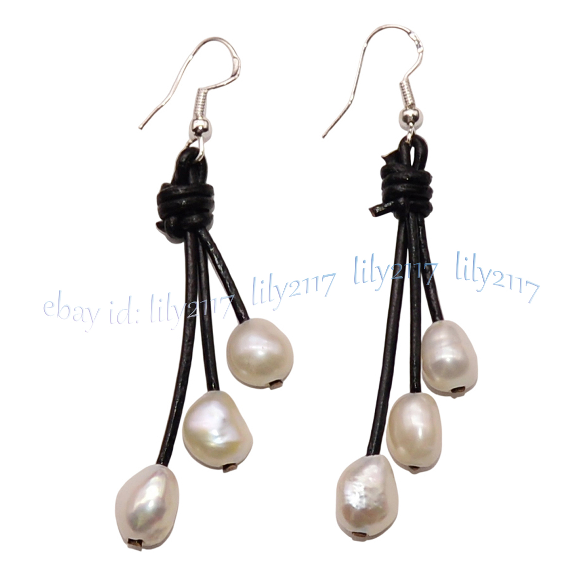 Natural Freshwater Baroque Pearl Black Leather Rope Dangle Hook Earrings 9-10mm