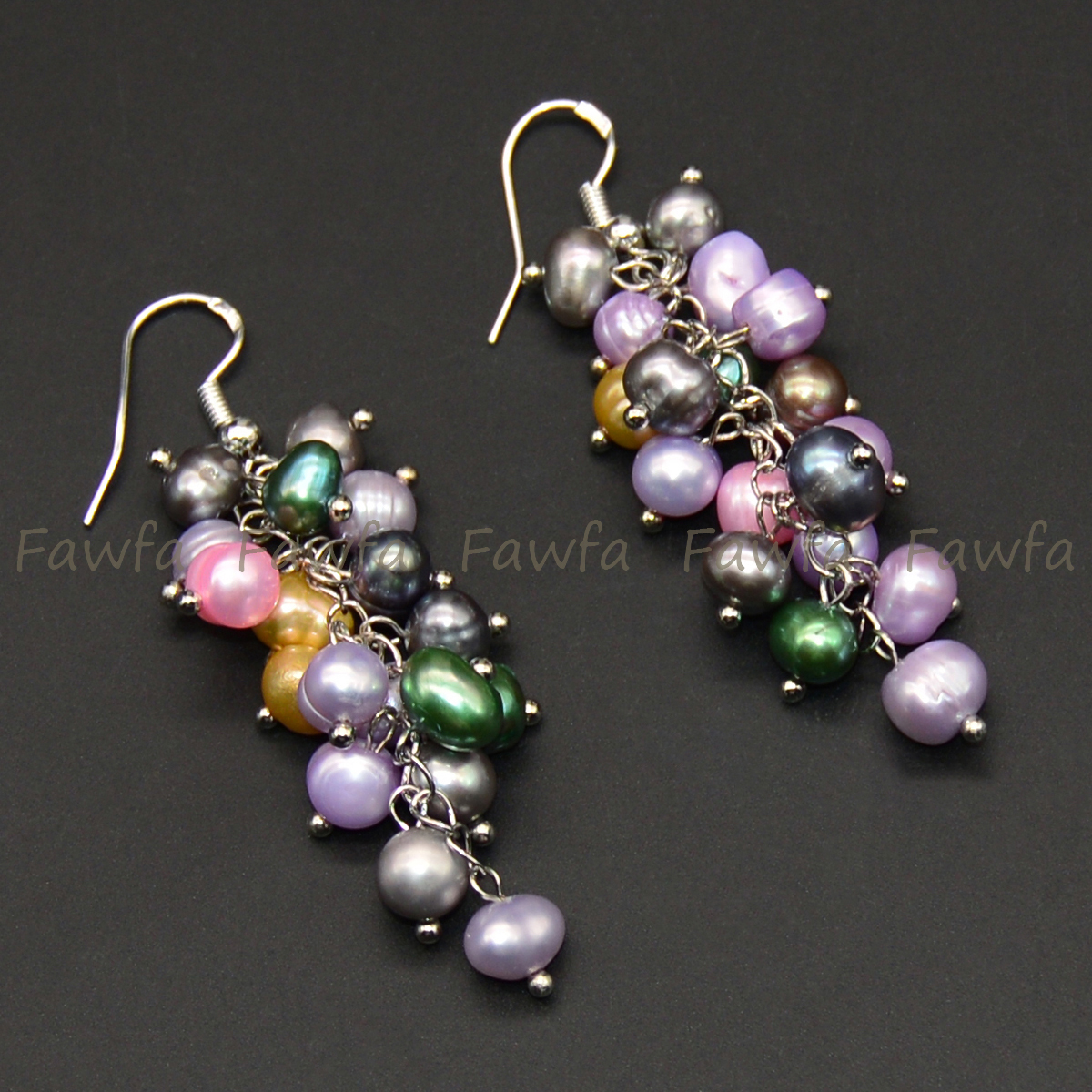 6-7mm Natural Multicolor Freshwater Baroque Pearl Grape Dangle Hook Earrings