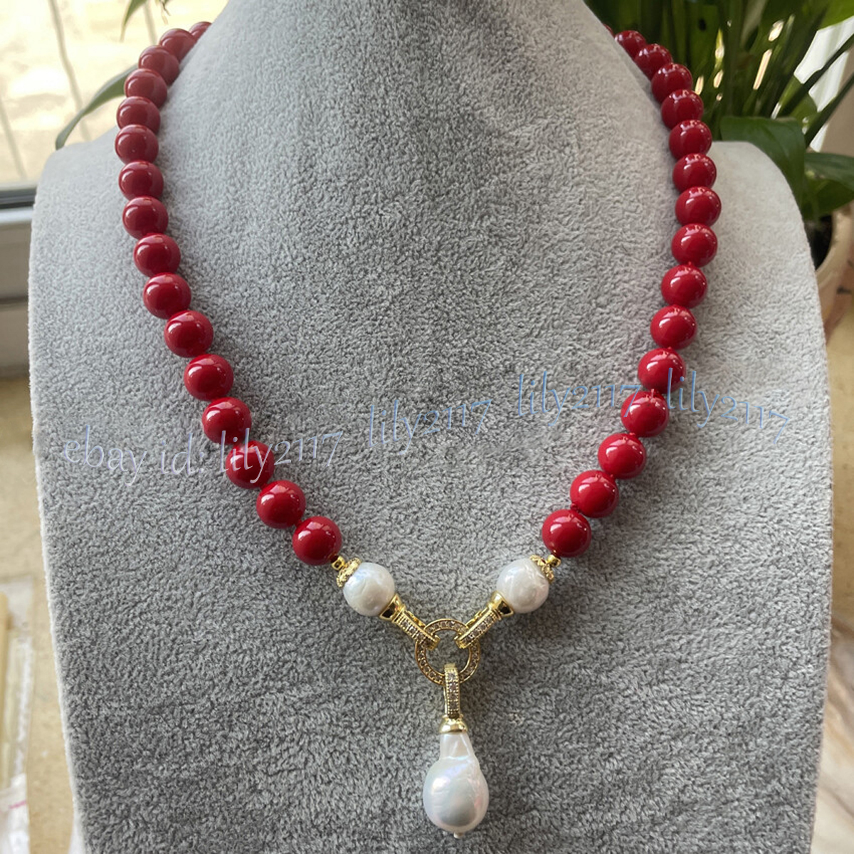Red Coral Round Gems Beads Natural White Keshi Baroque Pearl Pendant Necklace