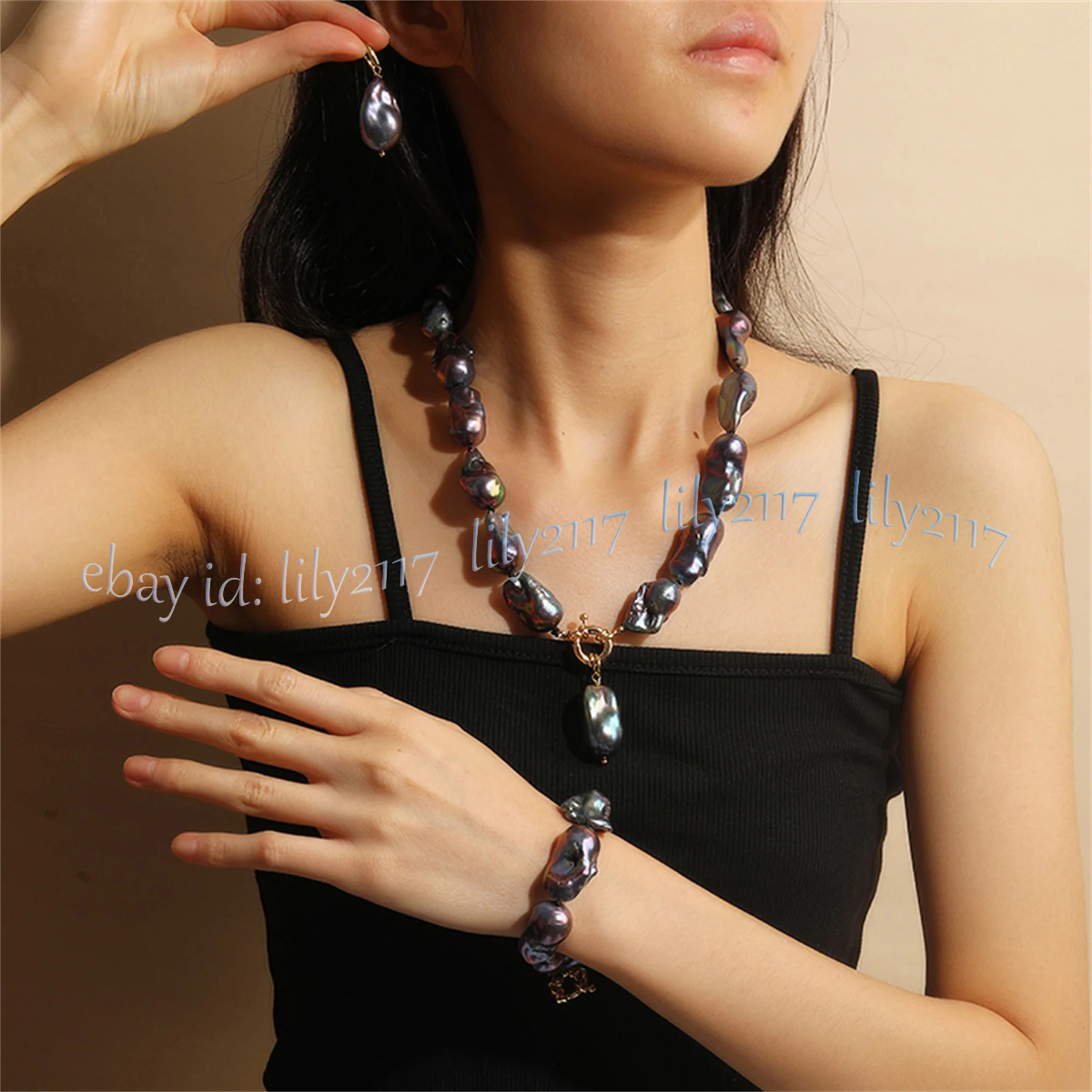 Natural Peacock Black Baroque Keshi Pearl Pendant Necklace Bracelet Earrings Set