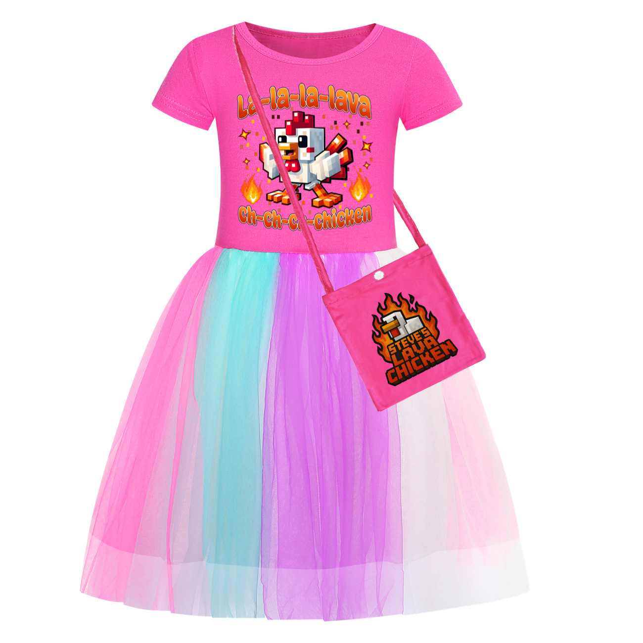 Girls STEVE'S LAVA CHICKEN Dress Star Rainbow Birthday Party Costume Tutu Skirt - Picture 14 of 20