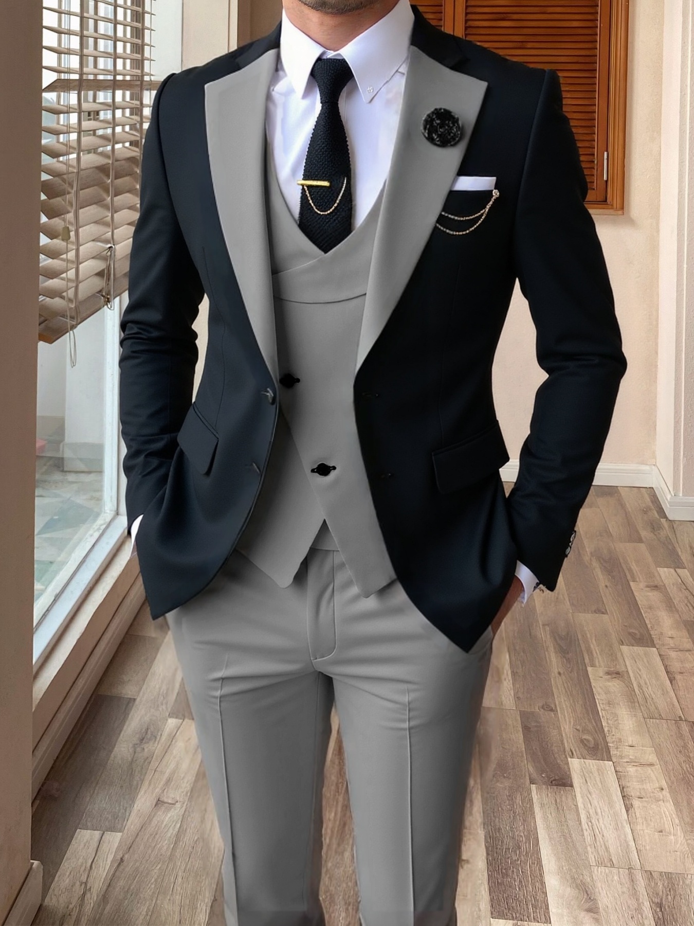 Mens 3Pcs Wedding Suit Groom Bestman Formal Party Tuxedo Suit Blazer+Vest+Pants - Picture 6 of 12